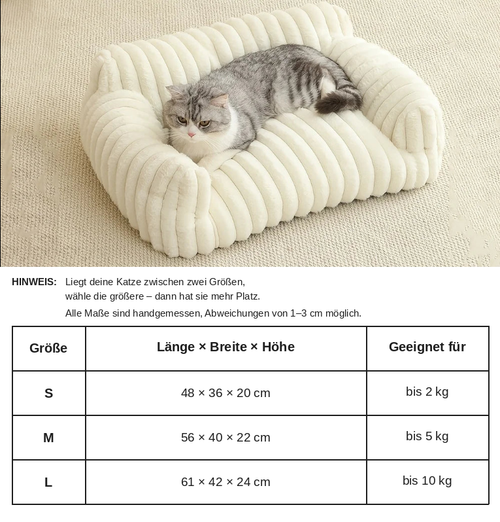Größentabelle für das Katzenbett in S, M und L