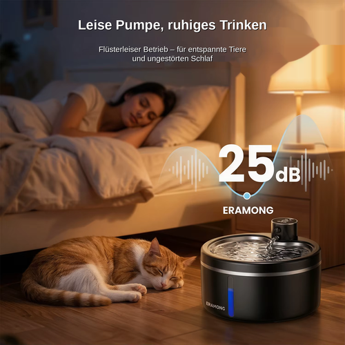 Katze neben leisem Edelstahl-Trinkbrunnen im Schlafzimmer