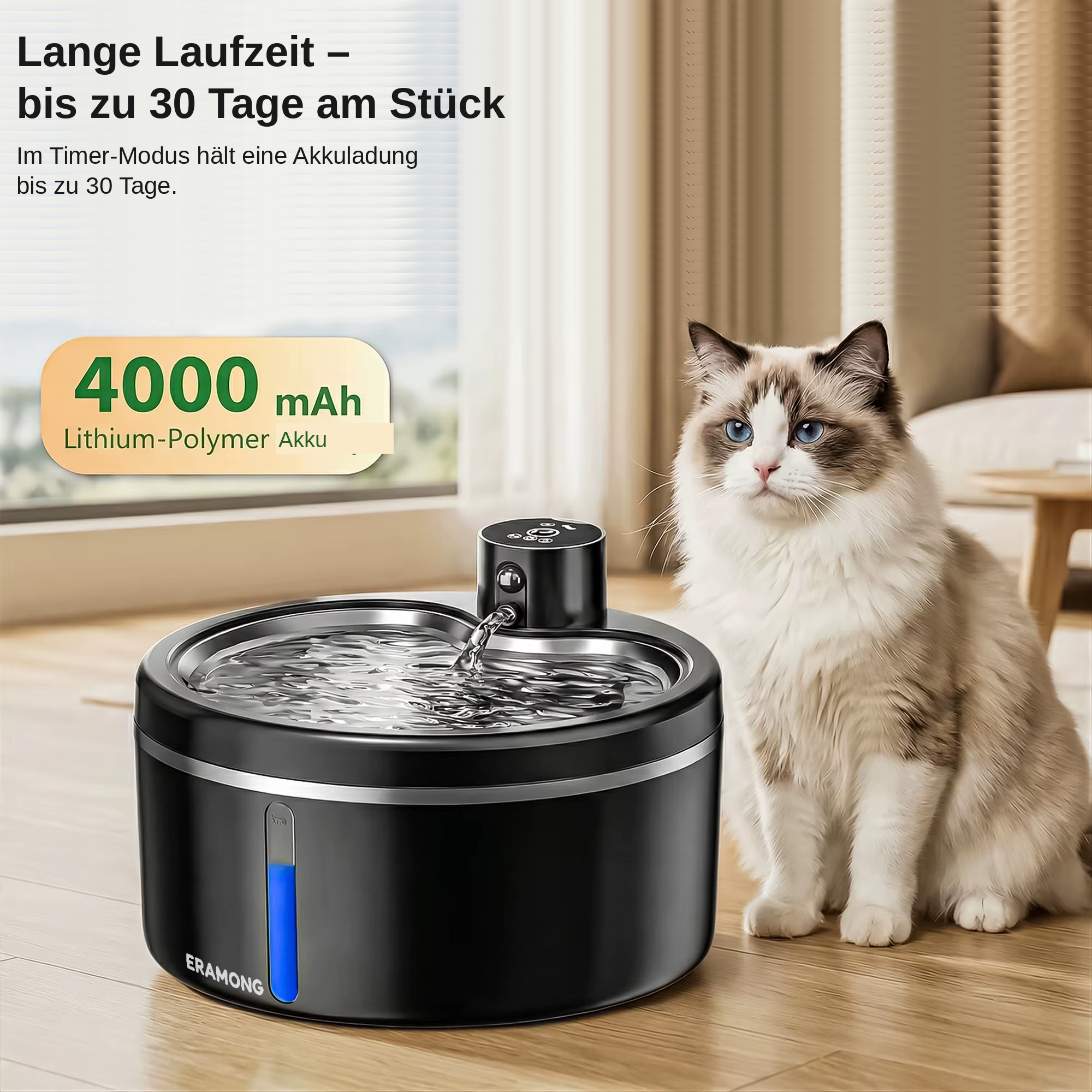 Trinkbrunnen mit langer Akkulaufzeit von bis zu 30 Tagen